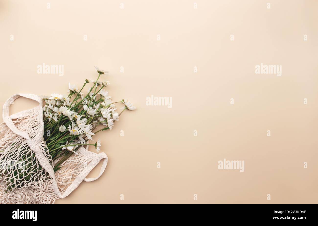 Umweltfreundliches Sommerkonzept auf beigem Hintergrund mit Öko Einkaufstasche, Blumen Stockfoto
