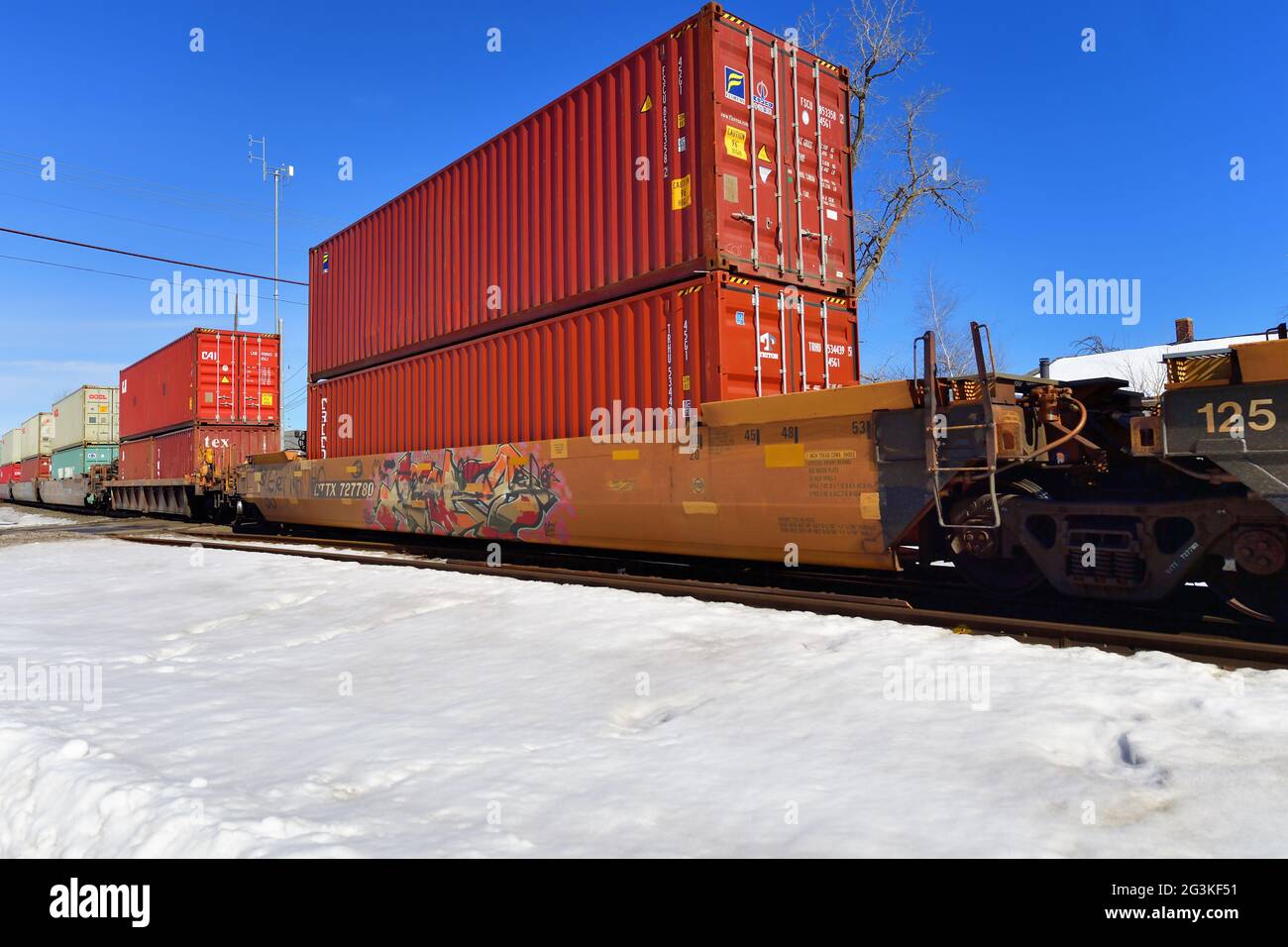 Bartlett, Illinois, USA. Ein intermodaler Güterzug der Canadian National Railway durch Bartlett, Illinois an einem Winternachmittag. Stockfoto