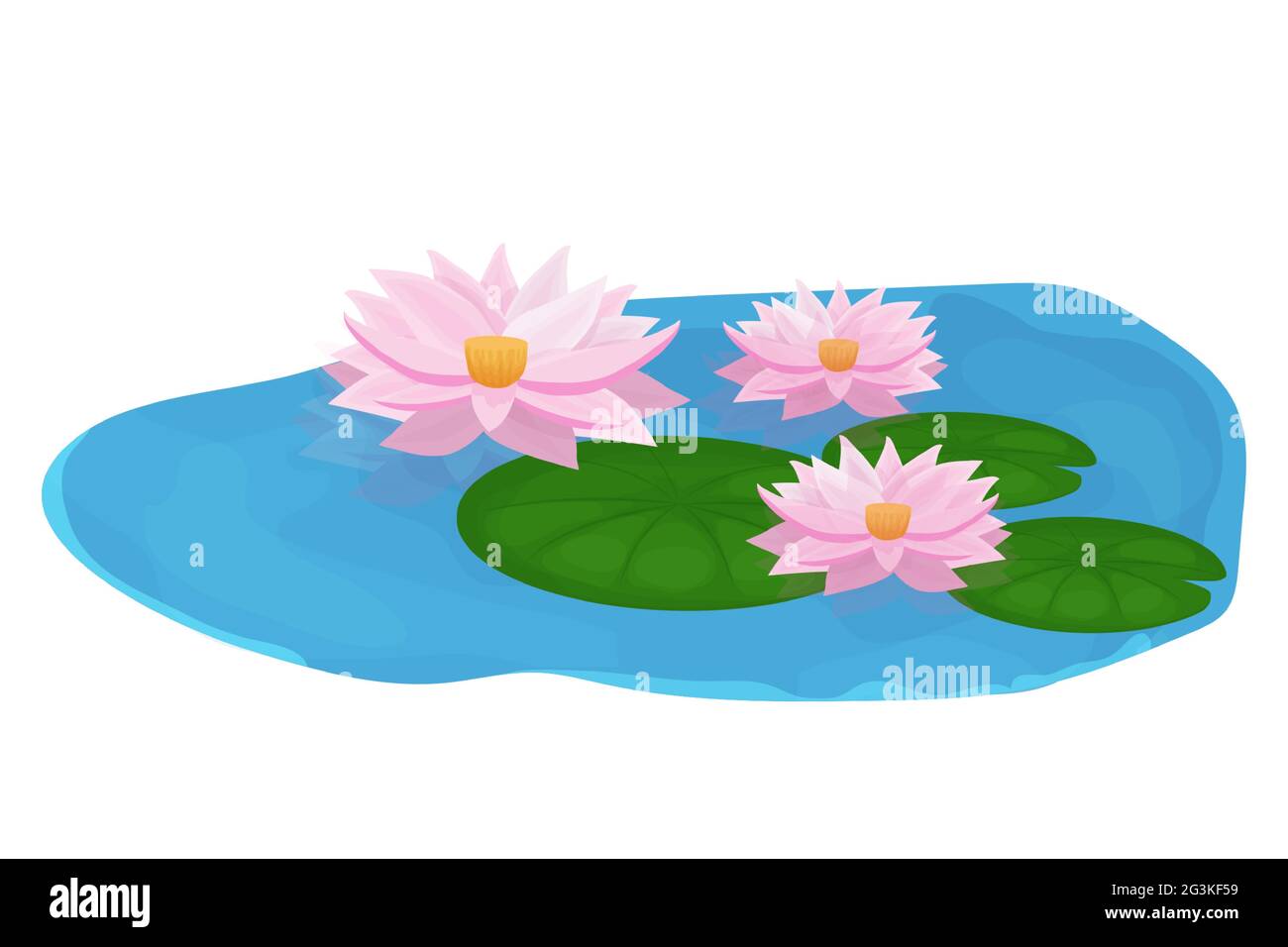 See mit ruhigem Wasser, Lilienblumen, Bullush und Steinen im Cartoon-Stil isoliert auf weißem Hintergrund. Naturteich im Freien. . Vektorgrafik..... Stock Vektor