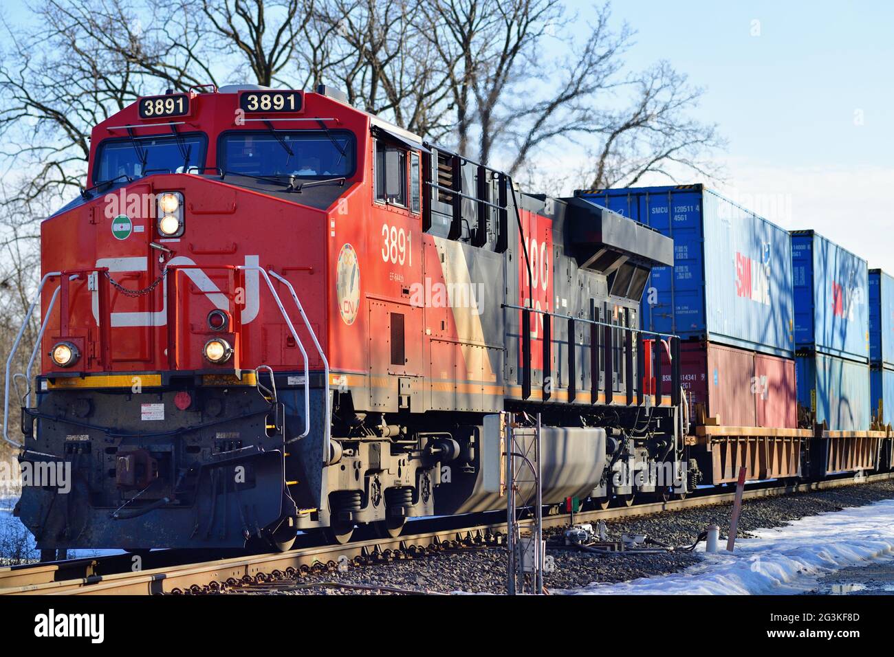 Bartlett, Illinois, USA. Eine einzige Lokomotive der Canadian National Railway, die an einem Winternachmittag einen intermodalen Güterzug in Richtung Norden führt. Das Singl Stockfoto