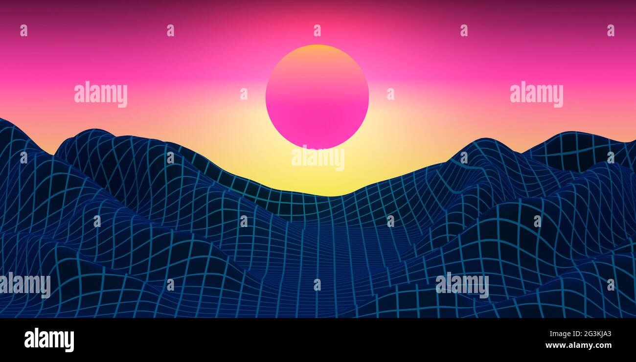 Futuristische Berglandschaft mit Neon-Sonnenuntergang. Digitale Hintergrunddarstellung im Retro-Stil. 3D-Rendering. Stockfoto