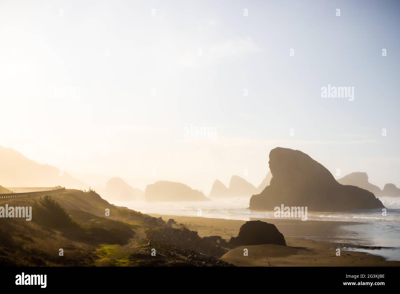 Eine Haiflossenförmige Insel im Nebel vor Meyer's Creek Beach im Süden von Oregon, USA Stockfoto