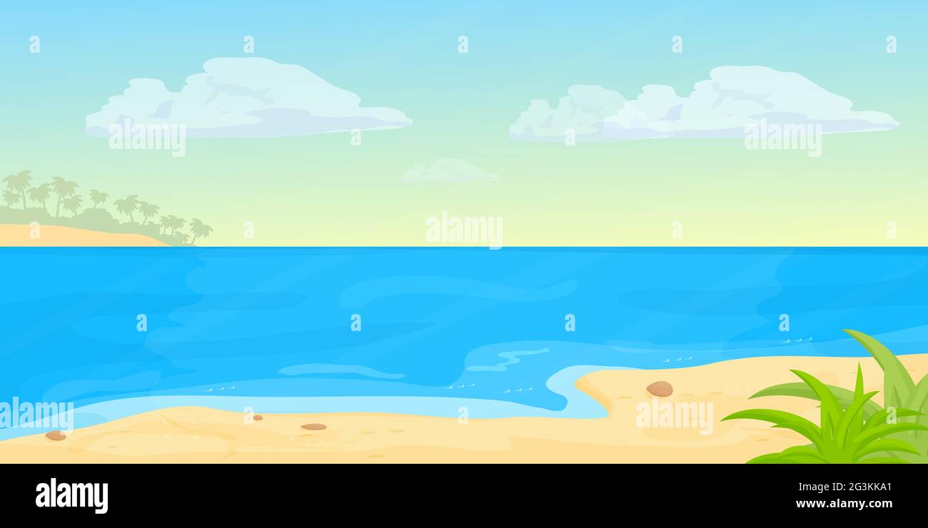 Tropischer Meeresstrand mit Meer, Sand im Cartoon-Stil. Horizontales Banner, Sommerurlaub exotische Küste. Ruhige, entspannende Szene. Vektorgrafik Stock Vektor