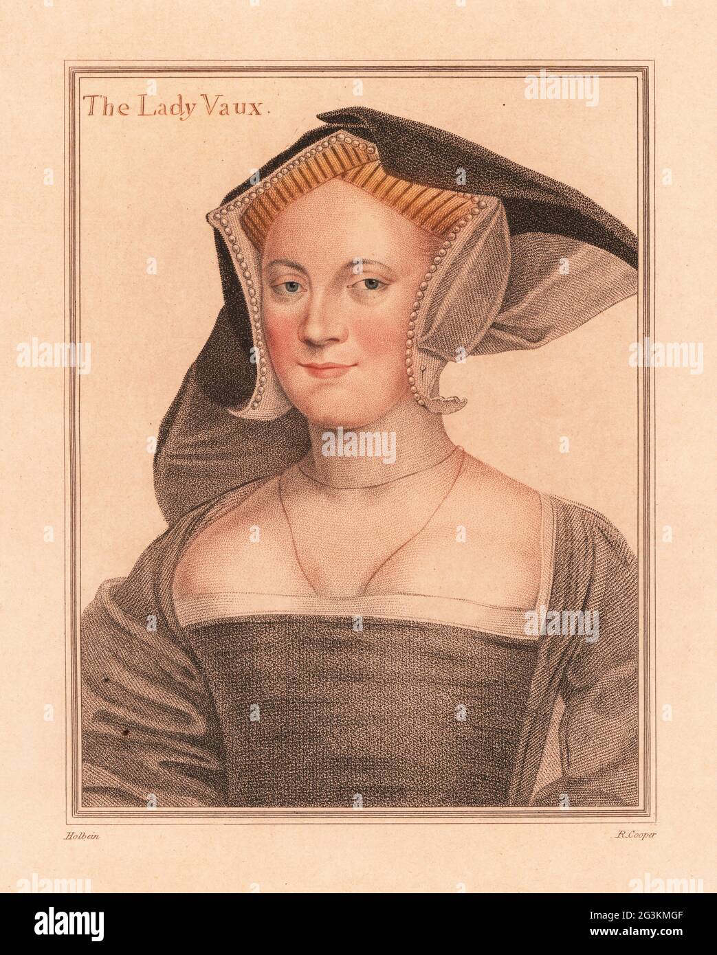 Elizabeth Cheney, 1509-1556, Lady Vaux, Ehefrau von Thomas, 2. Baron Vaux of Harrowden, Tochter von Sir Thomas Cheney. Die Dame Vaux. Kopfschmuck mit abgefalter Kapuze. Handkolorierter Kupferstich-Stich von Robert Cooper nach einem Porträt von Hans Holbein dem Jüngeren nach Imitationen von Originalzeichnungen von Hans Holbein, John Chamberlaine, London, 1812. Stockfoto