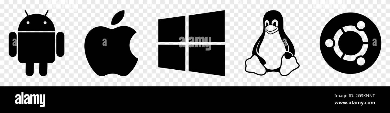 Vinnytsia, Ukraine - 16. Juni 2021 Satz von Betriebssystem-Logos. Android, Mac Os, Windows, Ubuntu, Linux. Redaktionelle Illustration isoliert auf Transpar Stock Vektor