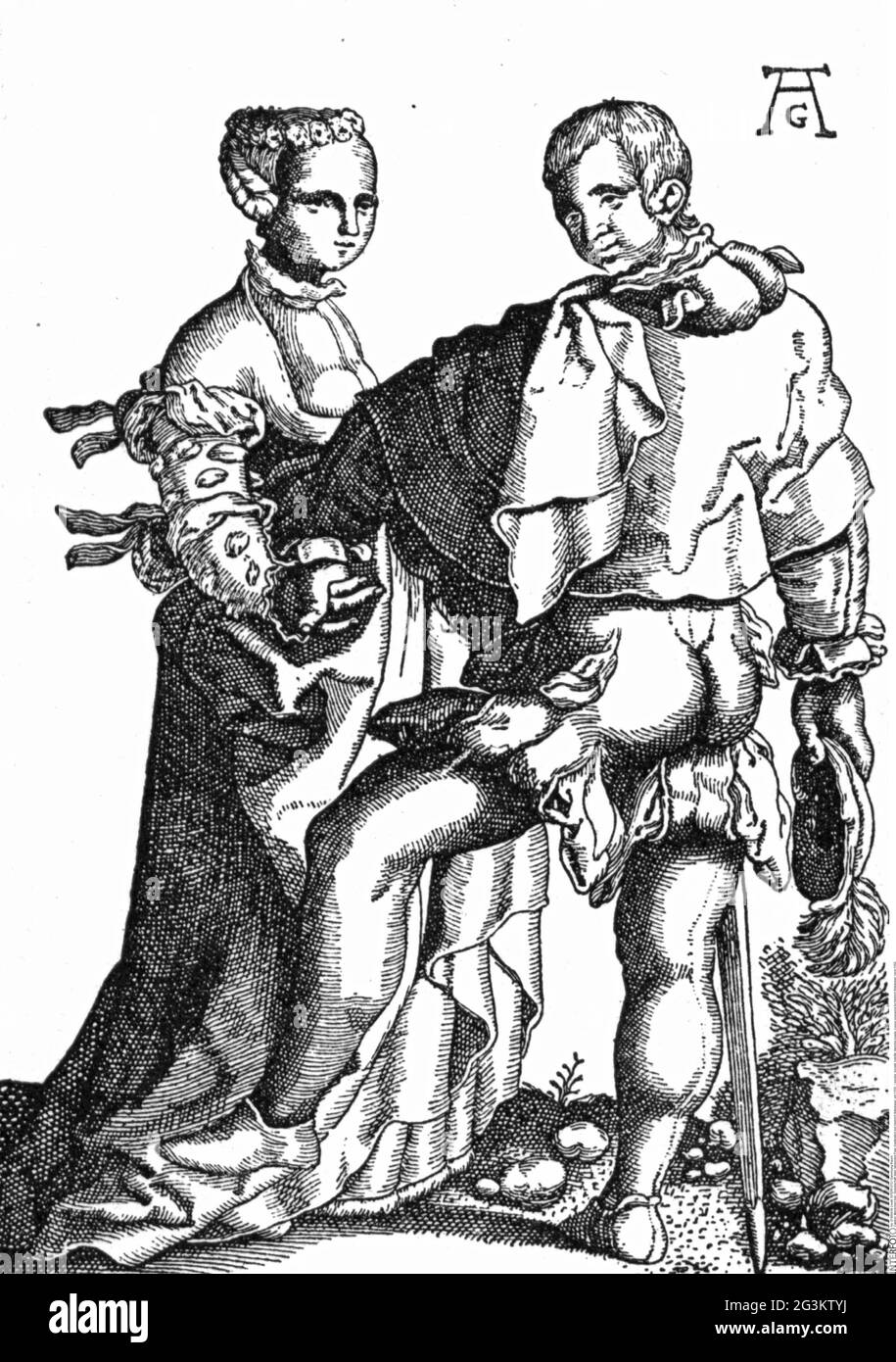 Menschen, Gesellschaft, Adel, tanzendes Paar, Kupferstich von Heinrich Aldegrever, um 1550, DAS KÜNSTLERSCHUTZRECHT MUSS NICHT FREIGEGEBEN WERDEN Stockfoto