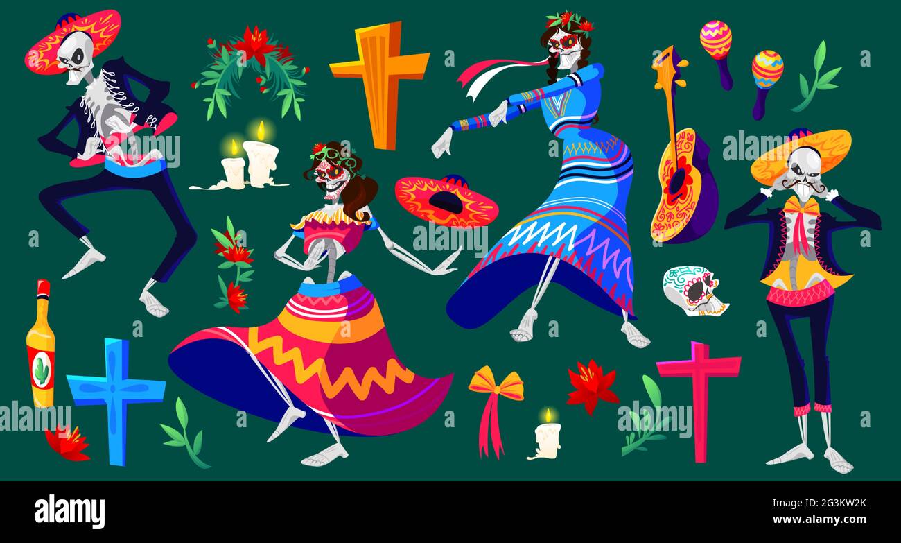 Mexikanischer Tag der Toten, Dia de los muertos Skelette Figuren und Urlaubsartikel. Tanzende Catrina und Mariachi-Musiker, Zucker Schädel, Kreuz, Blumen und brennende Kerzen Cartoon-Vektor-Illustration Stock Vektor