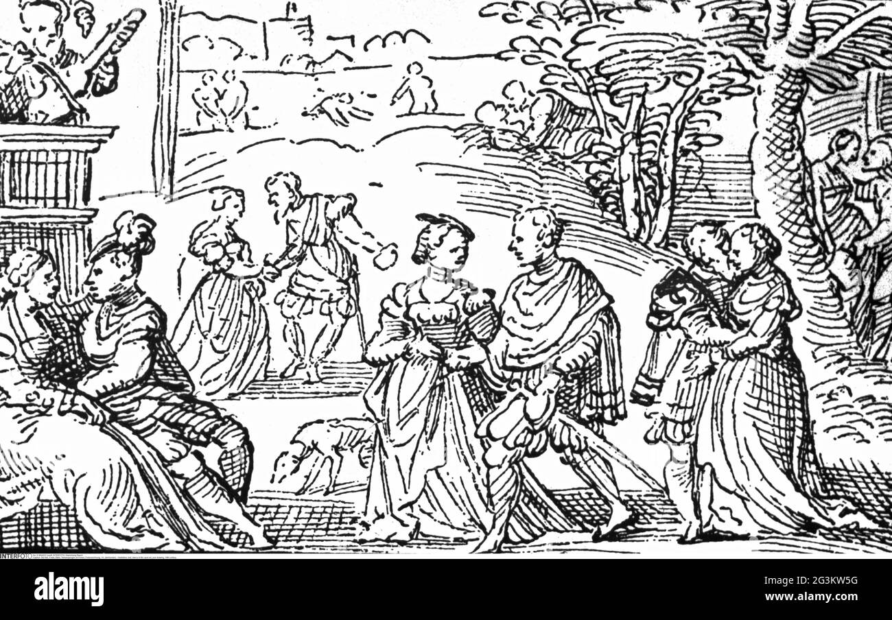 Festlichkeiten, Ball, Tanz unter freiem Himmel, Federzeichnung, 16. Jahrhundert, DAS URHEBERRECHT VON ARTIST's MUSS NICHT FREIGEGEBEN WERDEN Stockfoto