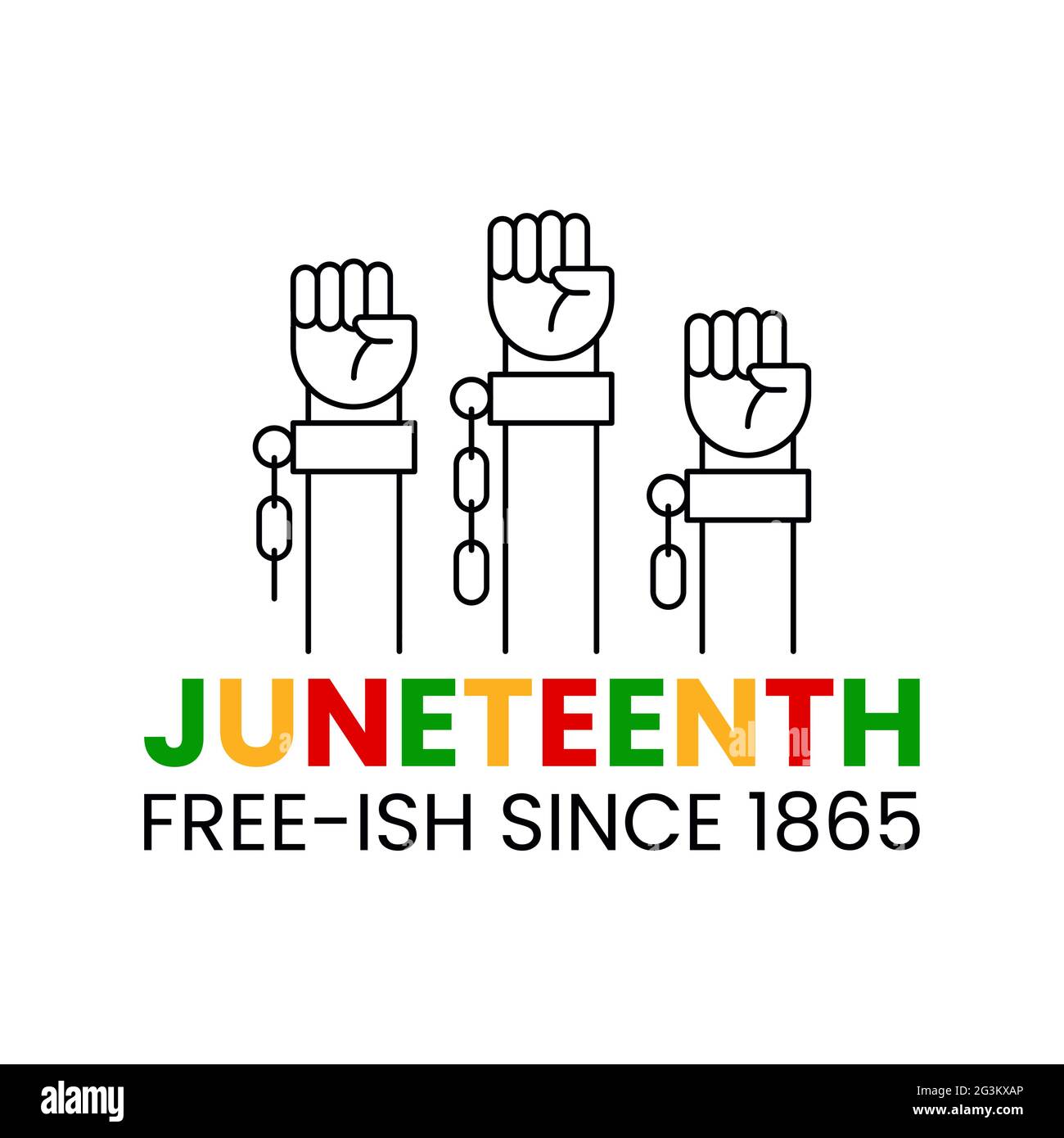 Junienth frei-ish seit 1865. Drei geballte Fäuste in Luft mit gebrochenen Ketten. Juni 19 Vektorgrafik isoliert Stock Vektor