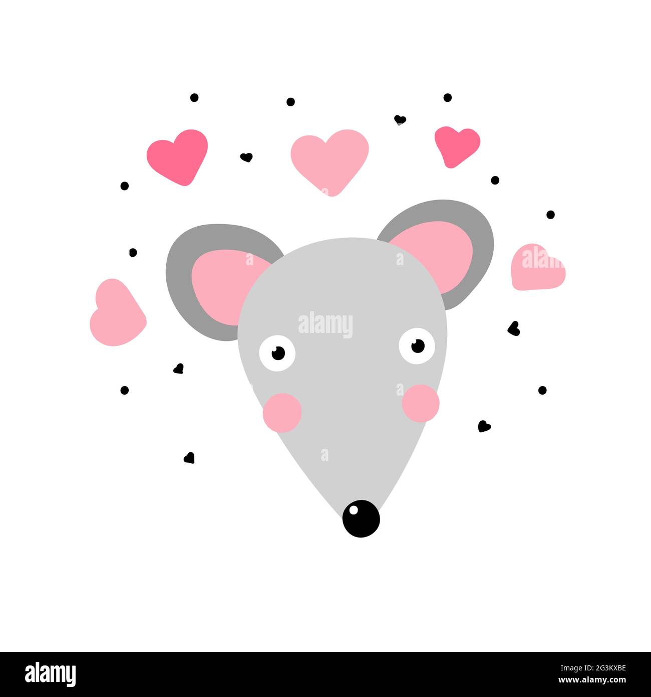 Kawaii Maus verliebt. Niedliche graue Maus mit großen Augen und rosa Herzen um isoded auf einem weißen Hintergrund. Minimalistischer, überraschender Charakter - Vektor-krank Stock Vektor