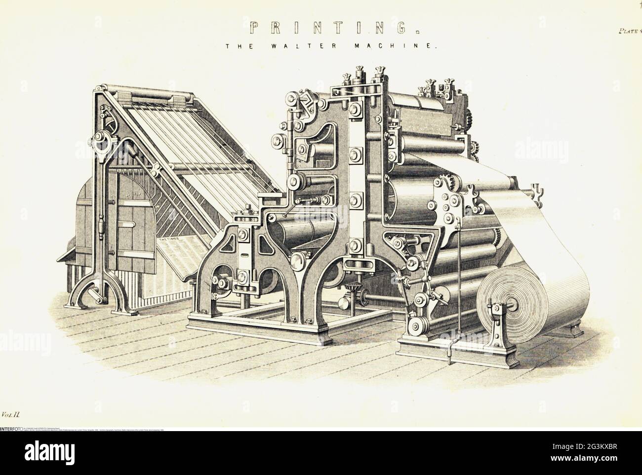 Technik, Typografie, Maschinen, Walter-Drehpresse der London Times, Holzstich, 1880, ARTIST's COPYRIGHT DARF NICHT GEKLUNGEN WERDEN Stockfoto