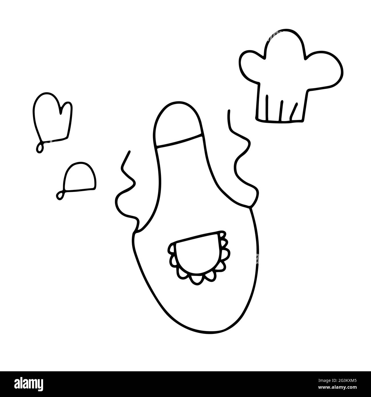 Doodle Küchenset. Umriss Schürze, Topflappen, Kappe isoliert auf weißem Hintergrund. Hausmannskost Kleidung. Retro-Kulinarik. Niedlicher Vintage-Look. Stock Vektor