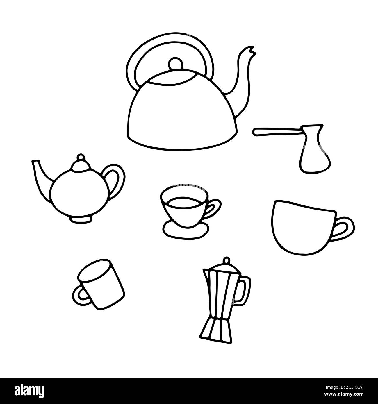 Handgezeichnete Teekannen-Set mit Doodle. Umriss Kessel, Tasse, Moka, turka auf weißem Hintergrund. Gemütliche Küchenutensilien, Küchenutensilien, Geschirr für Tee, Kaffee, Getränke Stock Vektor