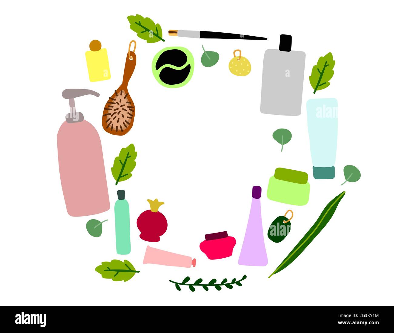 Skandinavischer Vektor-Satz von Kosmetika und Pflanzen. Farbkranz von Verpackungen, Flaschen, Tuben mit Kosmetik, Shampoo, Seife, Creme, Maske, Pflaster. Kopie sp Stock Vektor