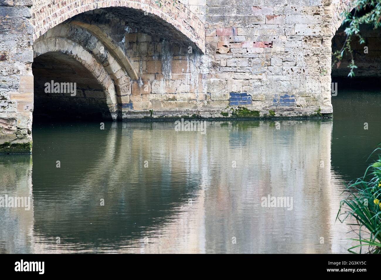 Ein Bogen der neun Bögen überbrückt den Fluss Nene in Thrapston, England. Stockfoto