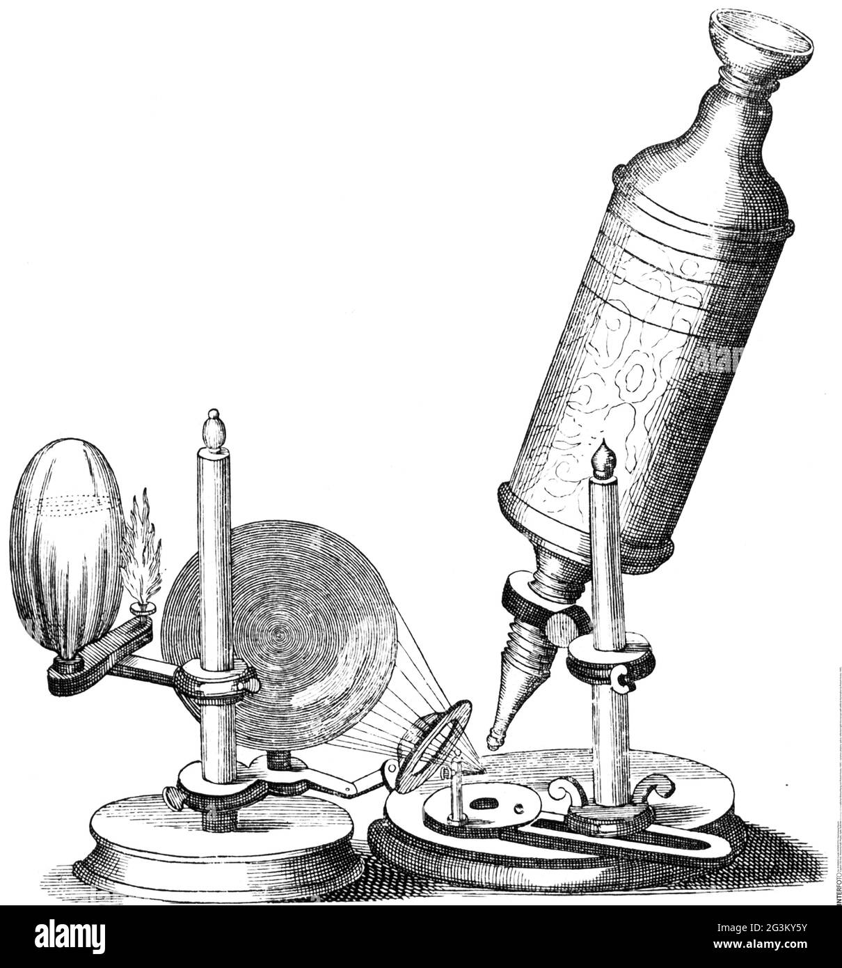 Wissenschaft, Physik, Optik, reflektiertes Lichtmikroskop mit künstlicher Beleuchtung von Robert Hooke, 1665, ARTIST'S COPYRIGHT MUSS NICHT FREIGEGEBEN WERDEN Stockfoto