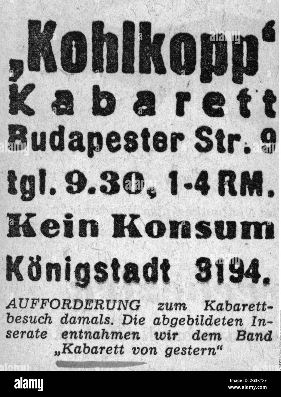 Theater / Theater, Kabarett, Kohlkopp, Plakat, Berlin, 1932, DAS URHEBERRECHT VON ARTIST'S MUSS NICHT FREIGEGEBEN WERDEN Stockfoto