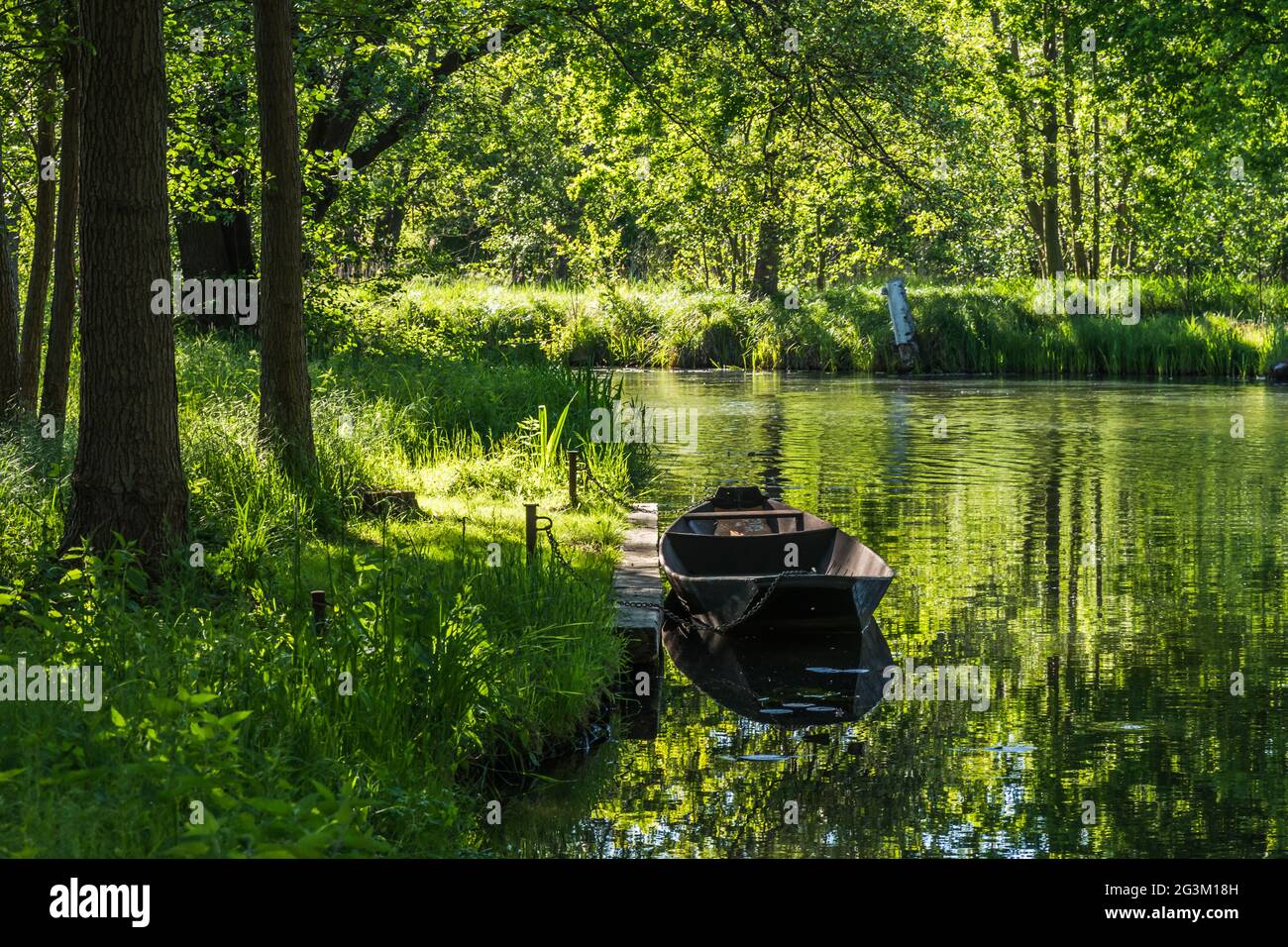 Wasserkanal mit altem Boot im Biosphärenreservat Spreewald im Bundesland Brandenburg, Deutschland, im Frühjahr. Stockfoto