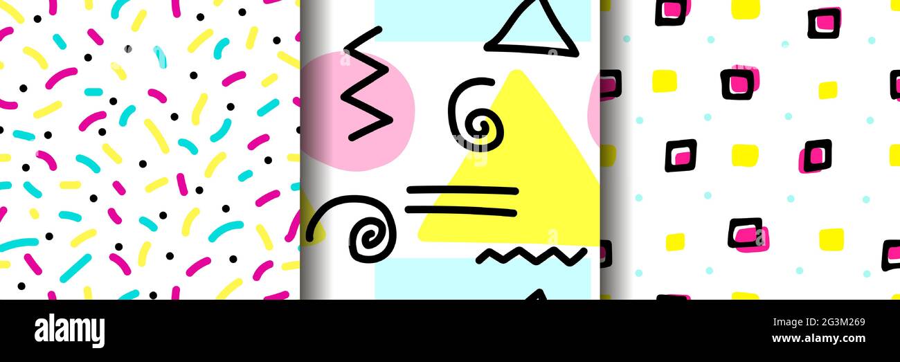 Satz von nahtlosen Vektormustern im memphis-Stil. Rosa, blaue, gelbe, schwarze Elemente isoliert auf weißem Hintergrund. Sammlung von farbigen Punkten, Kreisen Stock Vektor