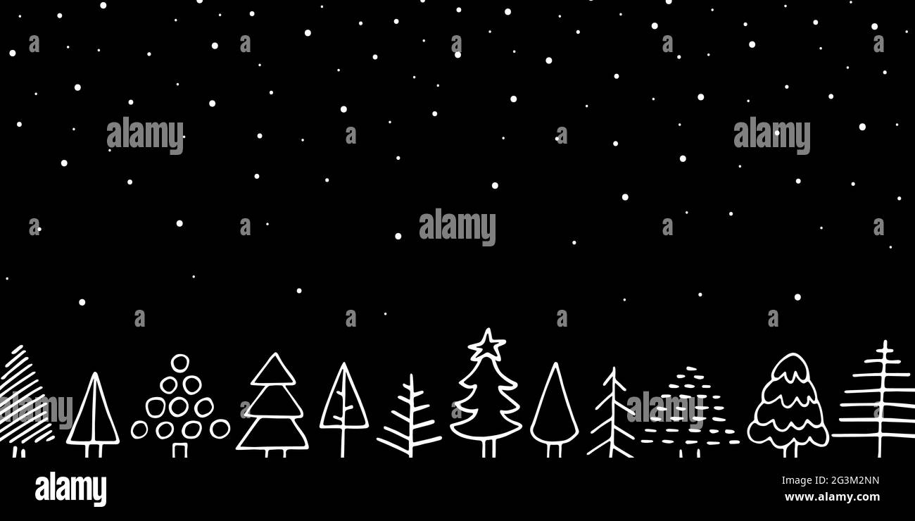 Vektor gemütliche Weihnachten Doodle Banner. Skizzieren niedlichen skandinavischen Weihnachten Tannenbaum, fallender Schnee auf schwarzem Hintergrund. Fabelhafter Winterurlaub Nacht. Ne Stock Vektor