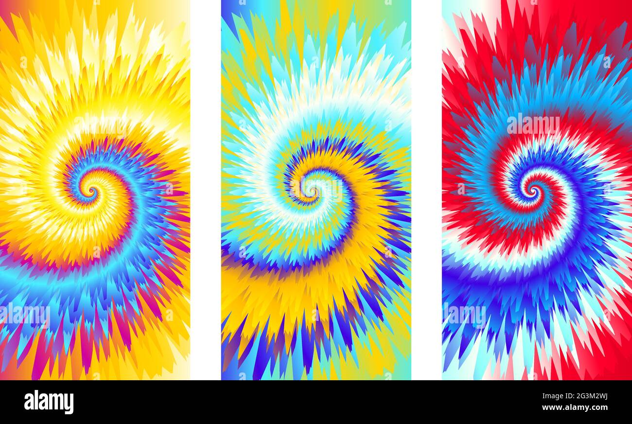 Abstrakt festlich bunten Hintergrund, hellen Regenbogen multicolor Tie Dye Muster, Vektor-Illustration. Crazy Boho Spiral Swirl Lackdruck. Satz von drei Stock Vektor