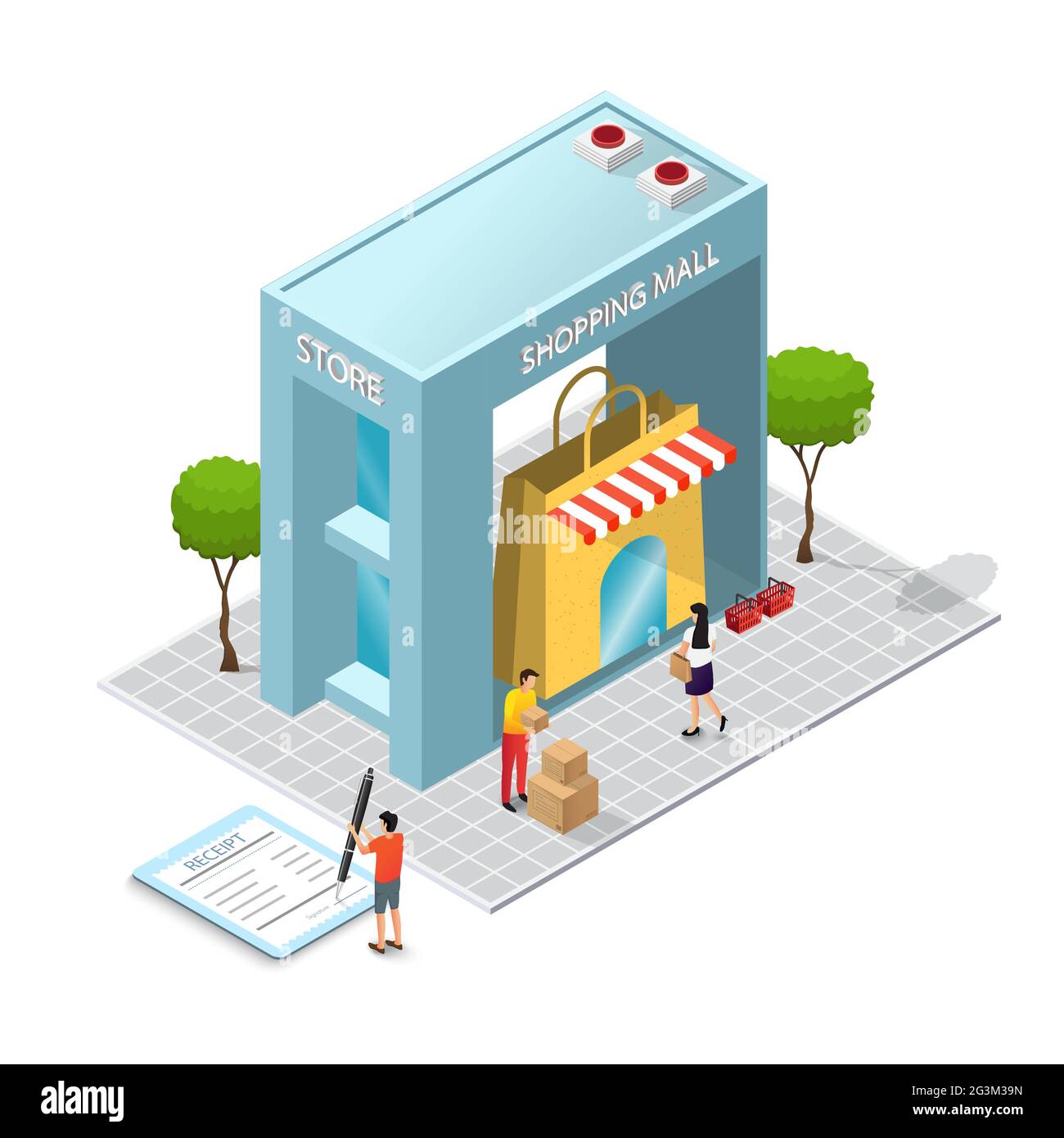 Das Einkaufszentrum Gebäude und Consumer-Konzept. Bau anzeigen. Isometrie und 3d-Design. Store-Modell mit Käufen und Waren. Stock Vektor