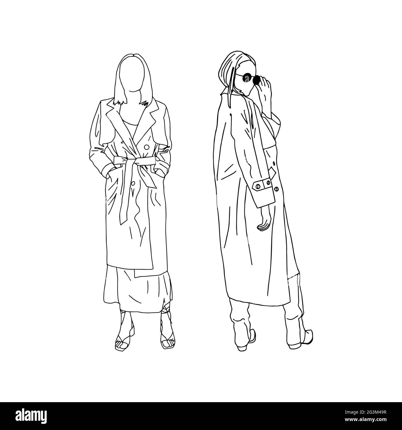 Junge Mädchen posieren in trendigen Trenchcoats, in einem linearen Stil gezeichnet. Vektorgrafik. Stock Vektor