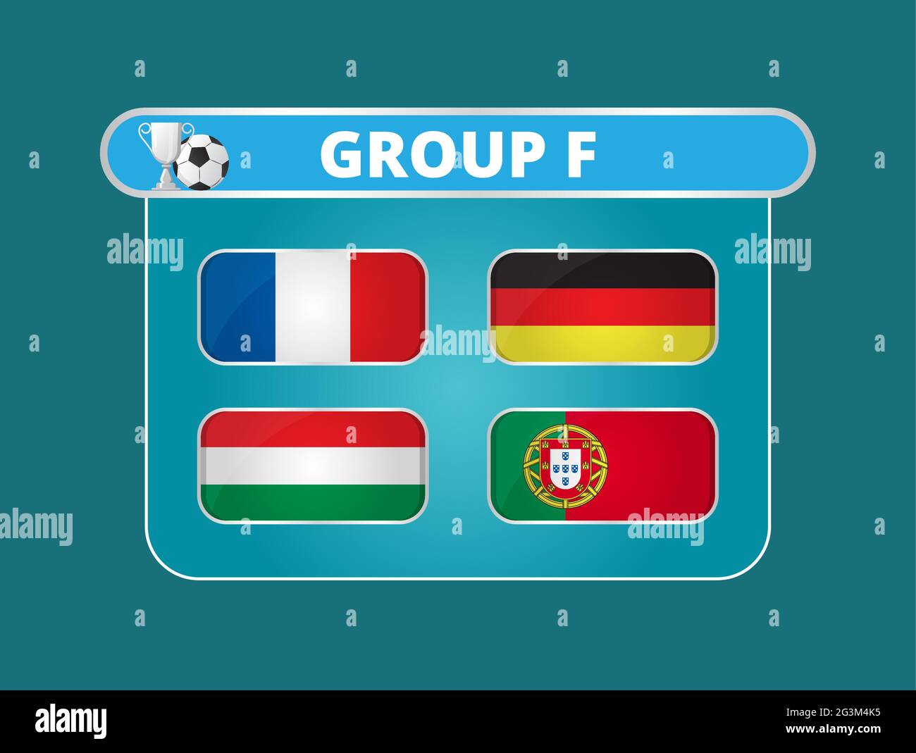 Gruppe F des europäischen Fußballs 2020 Turnier Finale Konzept Vektor. Der Fußball-Europameisterschaftspokal wird gezeigt. Schilde mit der Flagge von Ungarn, Portugal, Stock Vektor