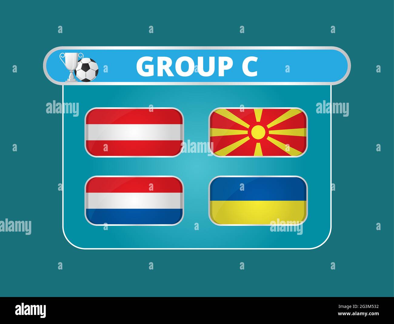 Gruppe der europäischen Fußball 2020 Turnier Finale Konzept Vektor. Der Fußball-Europameisterschaftspokal wird gezeigt. Schilde mit der Flagge der Niederlande, Ukraine Stock Vektor