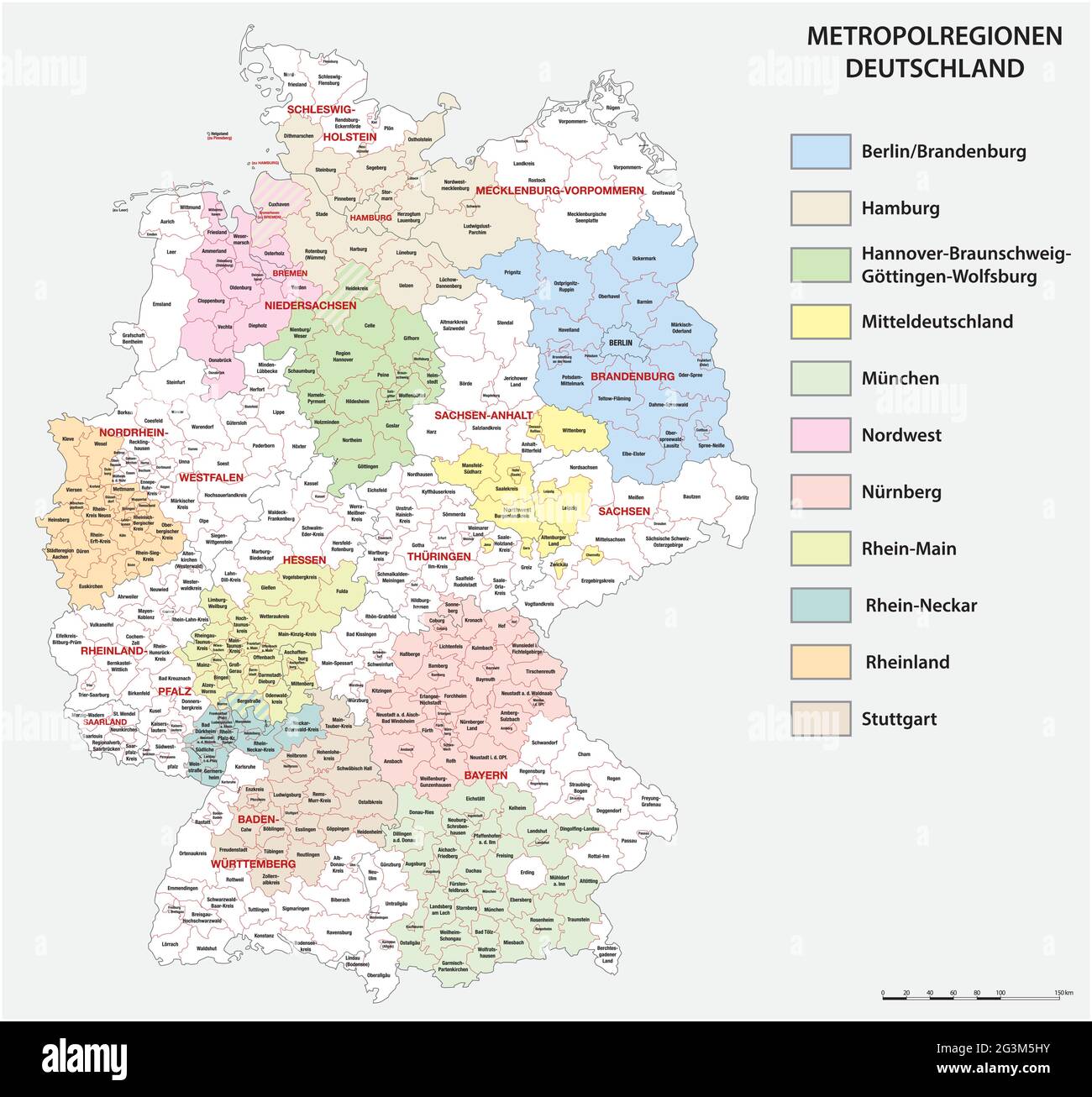 Karte der elf deutschen Metropolregionen in deutscher Sprache Stock Vektor