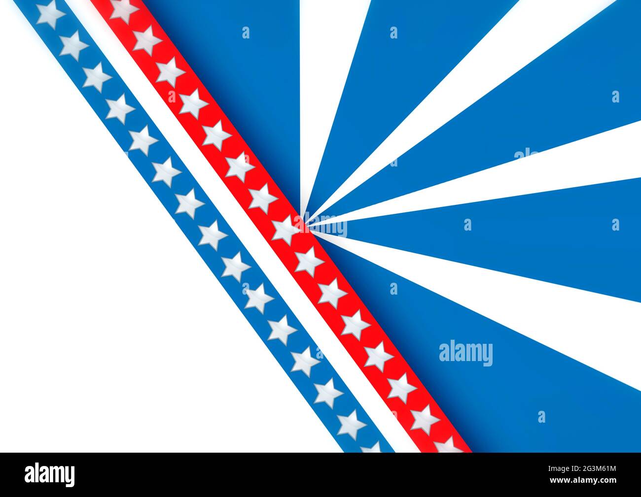 Komposition aus weißen Sternen mit roten und blauen Streifen der amerikanischen Flagge, auf Weiß Stockfoto