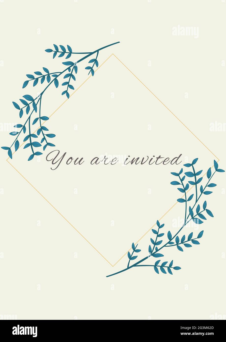 Komposition von Ihnen sind eingeladener Text mit blauem Zweig auf cremefarbenem Hintergrund Stockfoto