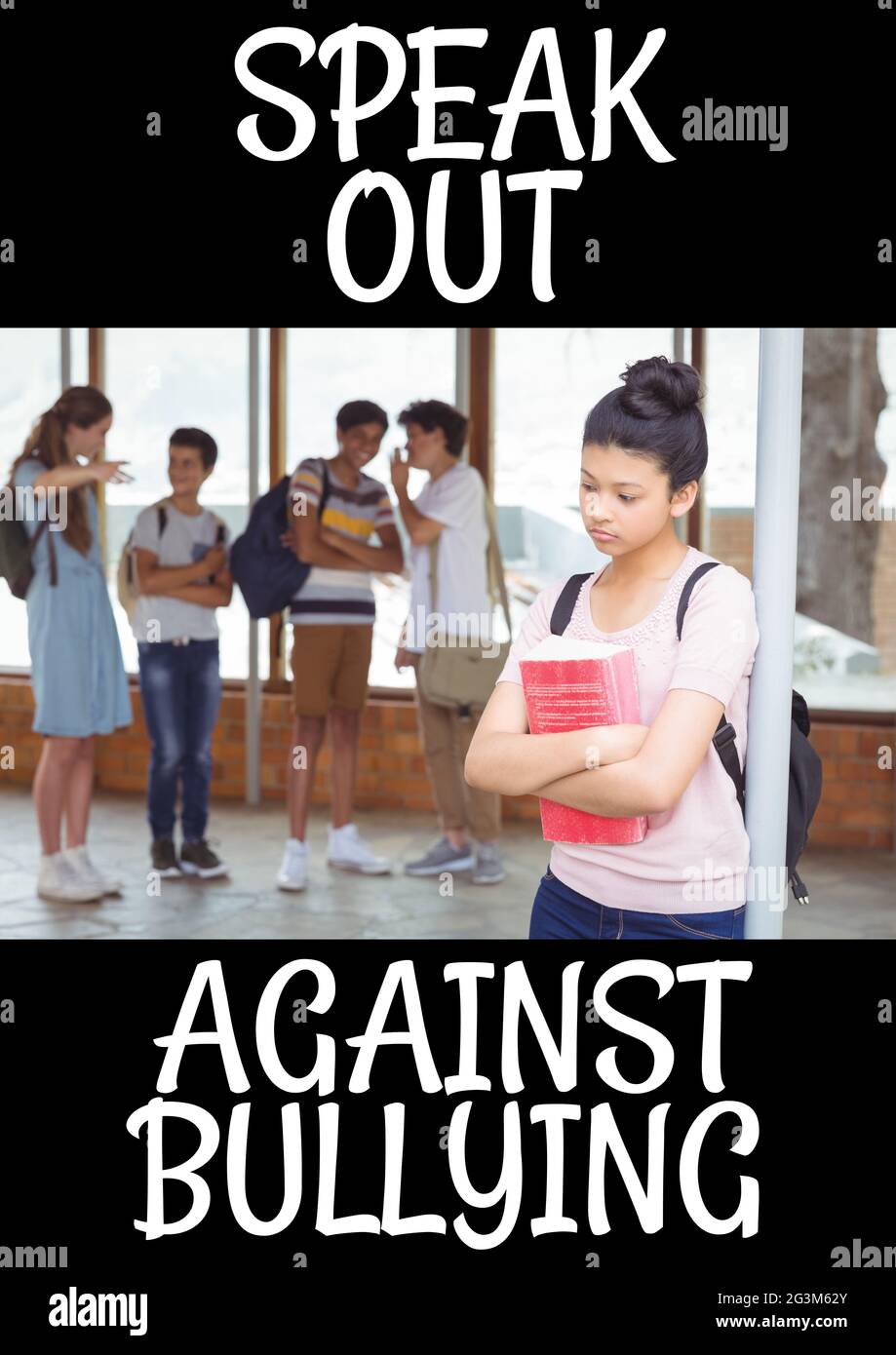 Komposition von Anti-Mobbing-Text mit traurigen Schulmädchen in der Schule im Hintergrund Stockfoto