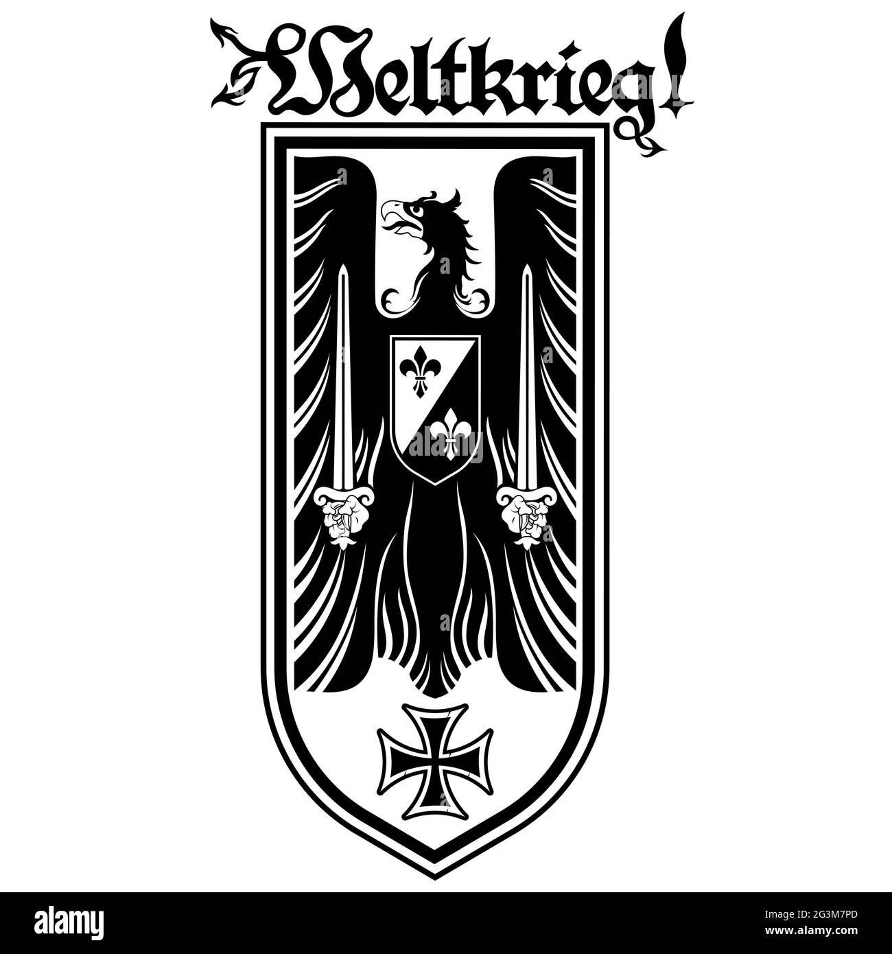 Ritterdesign. Wappentier mit Schwertern, Eisenkreuz und Inschrift - Weltkrieg Stock Vektor