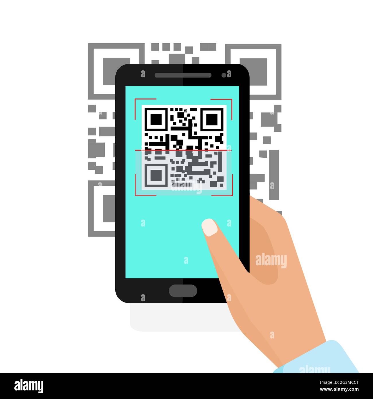 Scannen Sie den QR-Code auf das Telefon. Flache Vektor-Infografiken. Stock Vektor