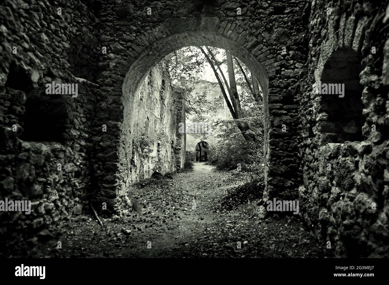 Die Ruinen von Schloss Rauheinstein in Österreich. Horror Hintergrund mit geheimnisvoller Atmosphäre gruselige mittelalterliche Stimmung mit historischer Architektur. Stockfoto