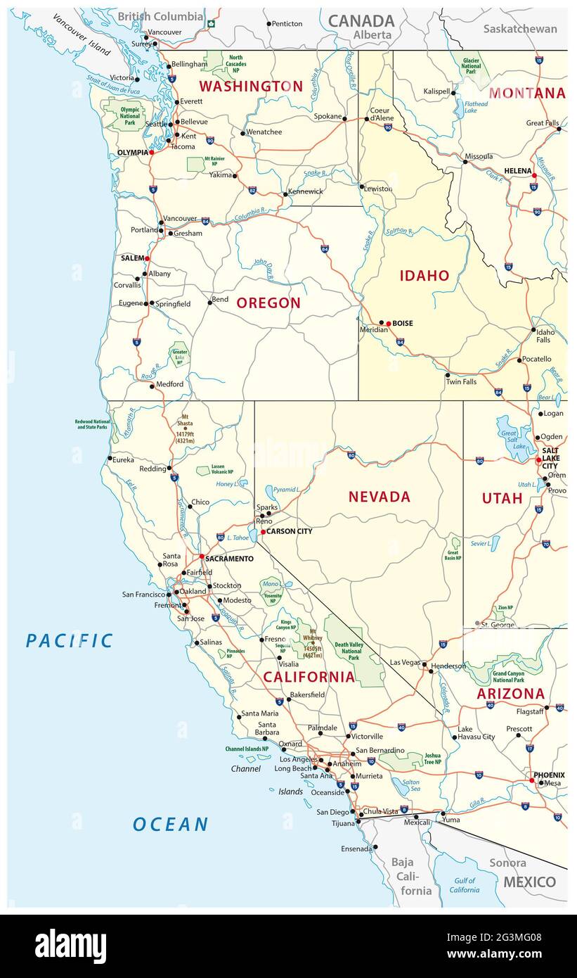 Straßen, politische und administrative Karte der westlichen Vereinigten Staaten von Amerika mit Nationalparks Stockfoto