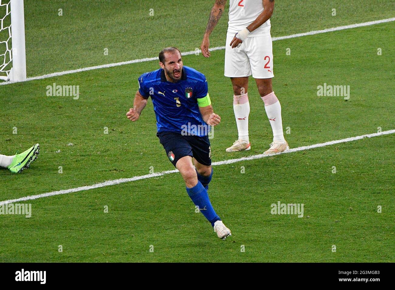 Giorgio Chiellini aus Italien feiert das Tor 1-0, das VAR während der UEFA Euro 2020 Group A - Italy / LM annulliert hat Stockfoto