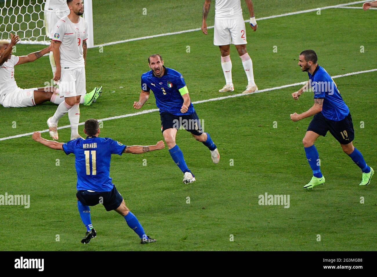 Giorgio Chiellini aus Italien feiert das Tor 1-0, das VAR während der UEFA Euro 2020 Group A - Italy / LM annulliert hat Stockfoto