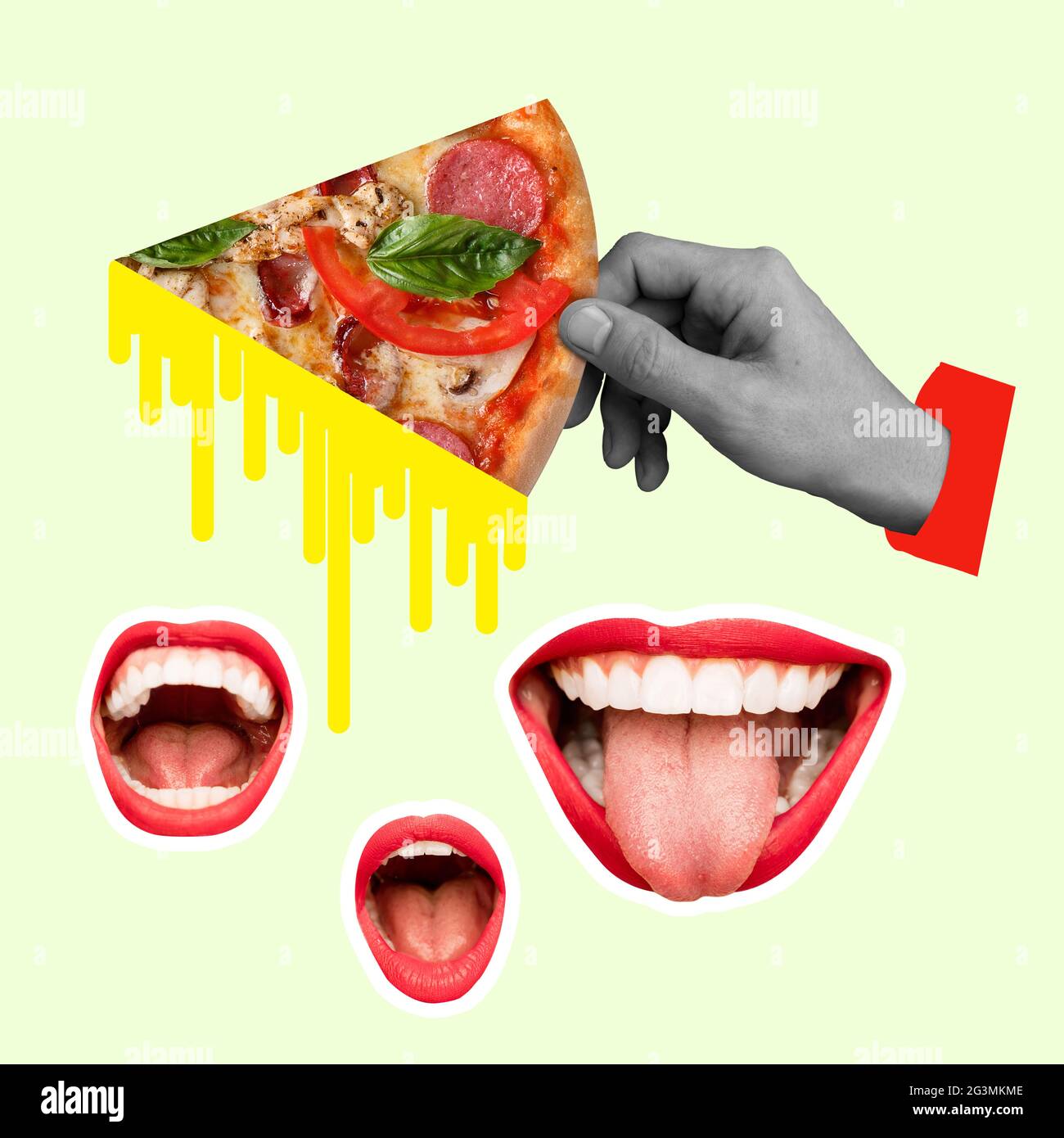 Fast Food. Menschlicher Mund mit roten Lippen und der Zunge als Pizzascheibe auf gelbem Hintergrund. Negatives Leerzeichen zum Einfügen des Textes. Modernes Design Stockfoto Fast Food. Menschlicher Mund mit roten Lippen und der Zunge als Pizzascheibe auf gelbem Hintergrund. Negatives Leerzeichen zum Einfügen des Textes. Modernes Design Stockfoto