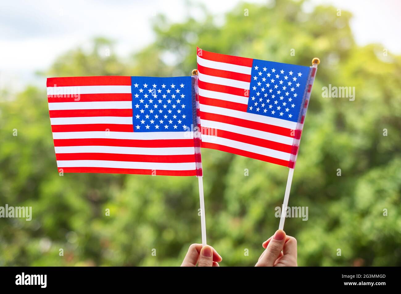 Hand hält die Flagge der Vereinigten Staaten von Amerika auf grünem Hintergrund. USA Feiertag der Veteranen, Memorial, Unabhängigkeit (4. Juli) und Labor Day concep Stockfoto
