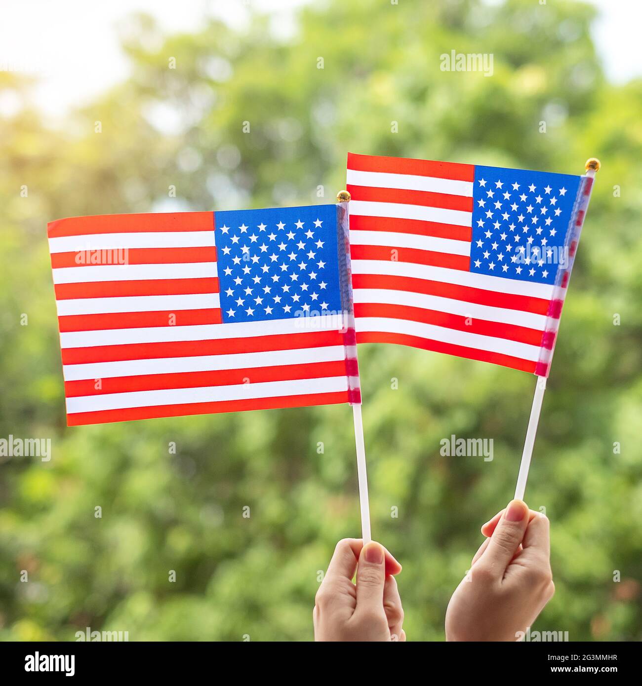 Hand hält die Flagge der Vereinigten Staaten von Amerika auf grünem Hintergrund. USA Feiertag der Veteranen, Memorial, Unabhängigkeit (4. Juli) und Labor Day concep Stockfoto