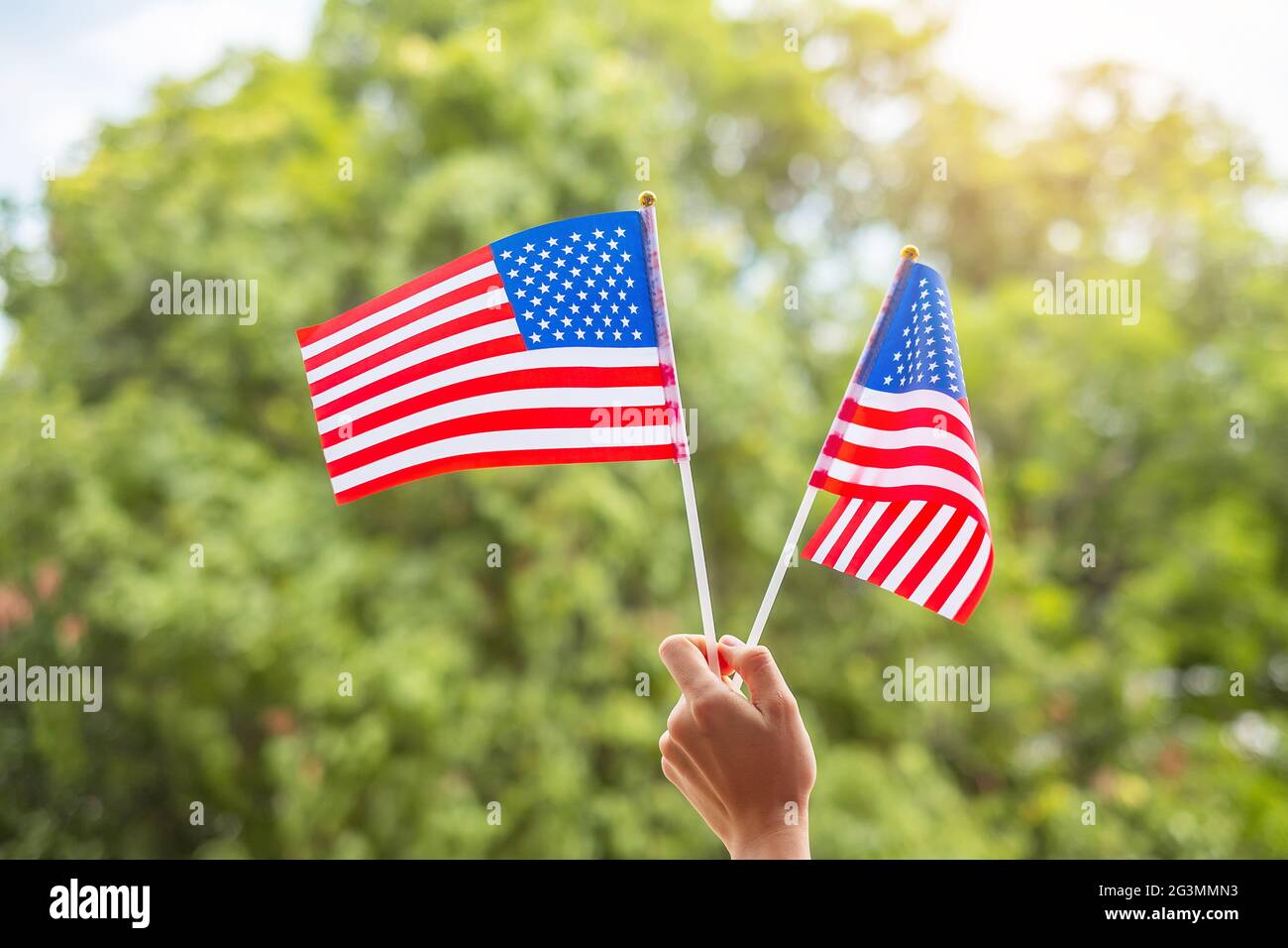 Hand hält die Flagge der Vereinigten Staaten von Amerika auf grünem Hintergrund. USA Feiertag der Veteranen, Memorial, Unabhängigkeit (4. Juli) und Labor Day concep Stockfoto