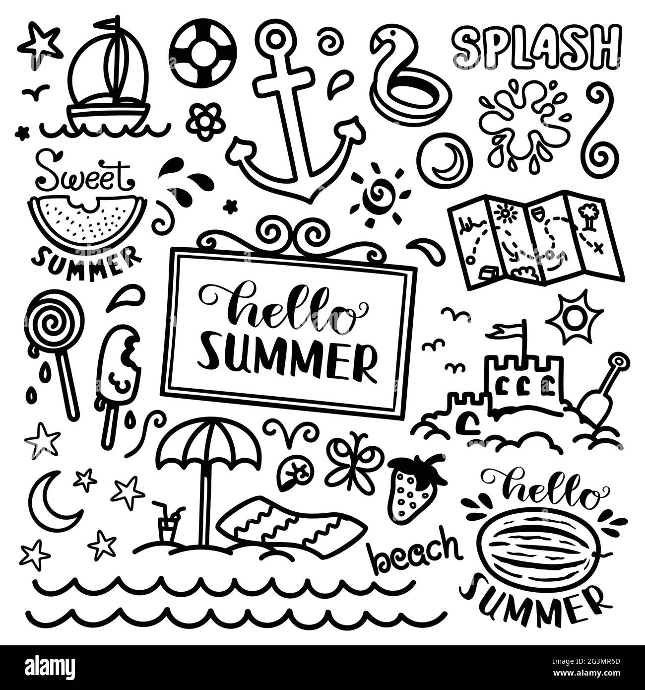Urlaubsdoodle. Handgezeichnetes Sommer-Icon-Set. Niedliche Karikatur Zeichnung. Malseite. Vektorgrafik Stock Vektor