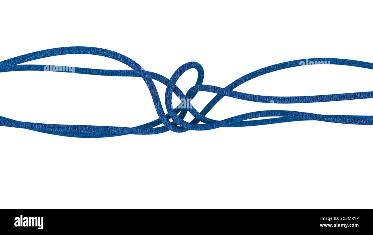Spontaner großer Seilknoten aus blauen Denim-Schnürsenkeln. Konzeptuelles Bild eines komplexen Problems. Symbol für eine schwierige Aufgabe, die gelöst werden muss. 3D-Rendering i Stockfoto