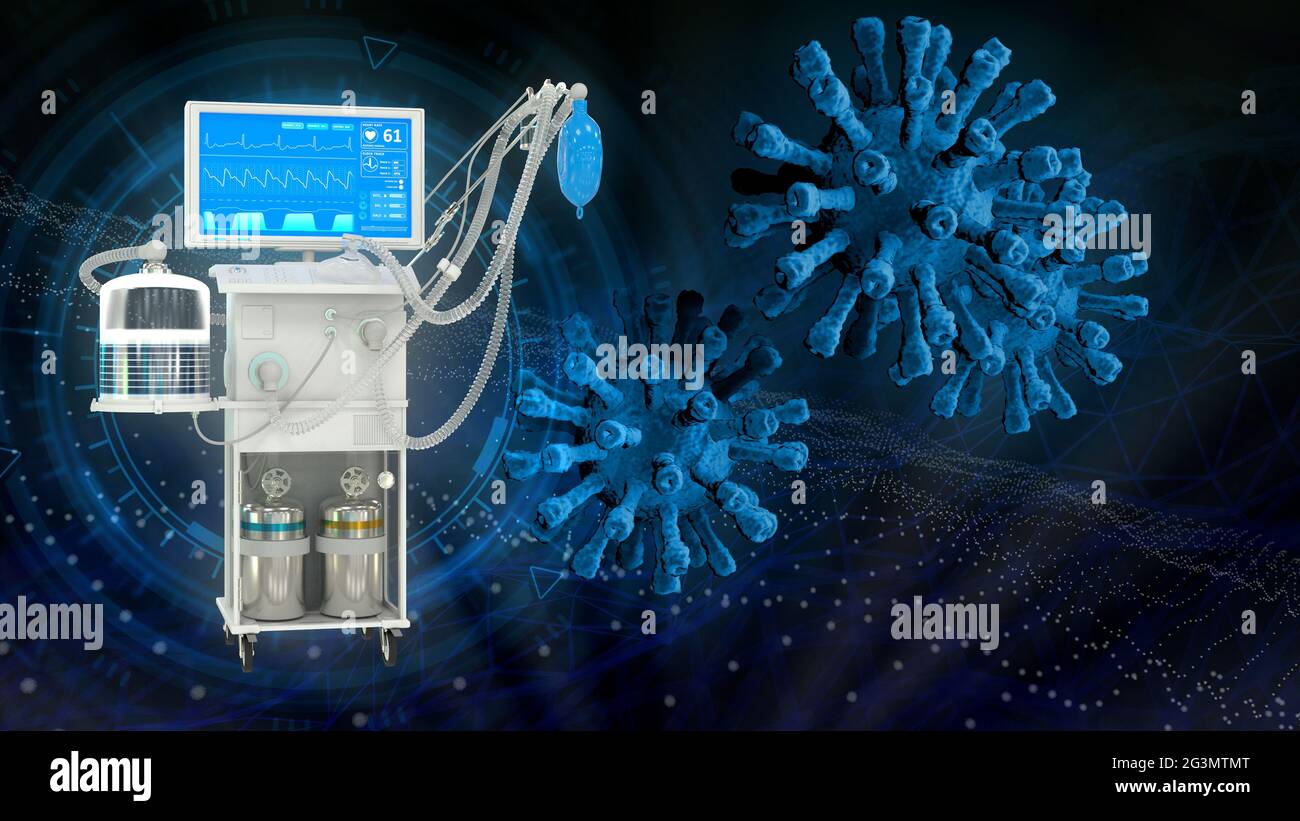 Medizinisches Beatmungsgerät auf der Intensivstation mit Coronavirus, cg Healthcare 3d-Illustration Stockfoto