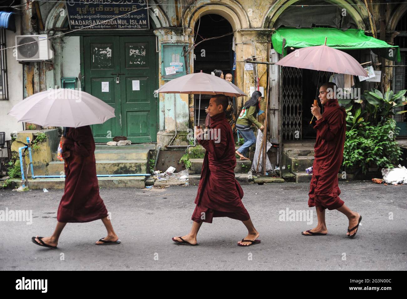 '20.07.2014, Yangon, , Myanmar - EINE Gruppe von buddhistischen Mönchen in ihren Safranroben und tragen Regenschirme gehen durch die Straßen in der Mitte der Stockfoto