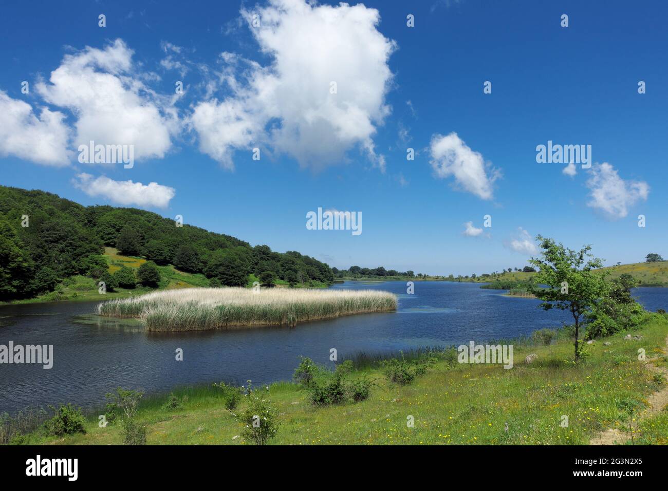 Ein Spiegel aus blauem Süßwasser in Sizilien, ein schöner Tag auf dem Biviere See in den Bergen des Naturreservats Nebrodi Stockfoto