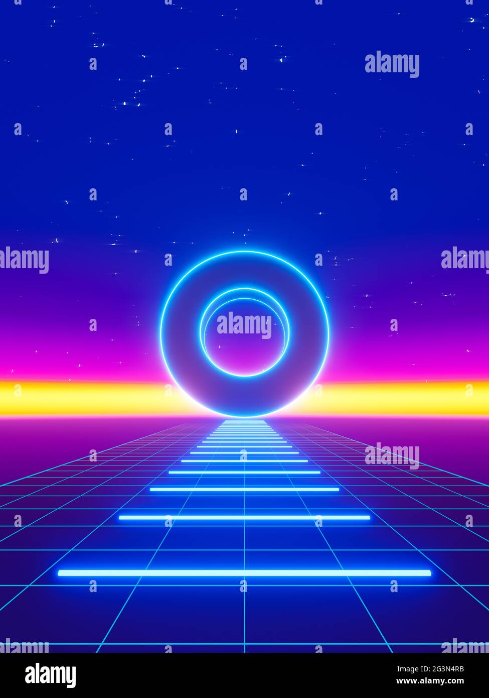 3D-Rendering eines abstrakten Cyberpunk-Raums mit leuchtenden Lichtgittern und einem Kreis mit einem Loch Stockfoto