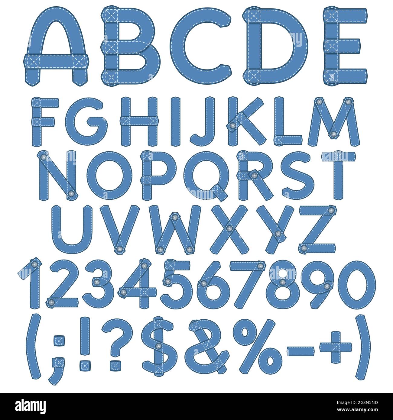 Buchstaben, Zahlen und Zeichen von Denim. Isolierte Objekte auf weißem Hintergrund. Stock Vektor